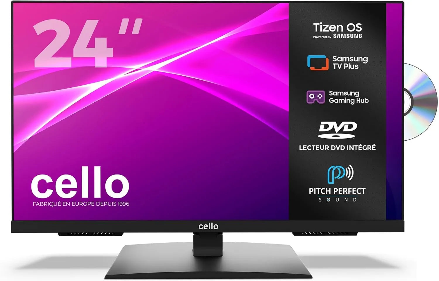 Cello Samsung C2426TZF Smart TV, 24 polegadas, TV, Tizen OS, sintonizador triplo DVB-T2, S2, Bluetooth, Hub de jogos, Son Pitch Perfect