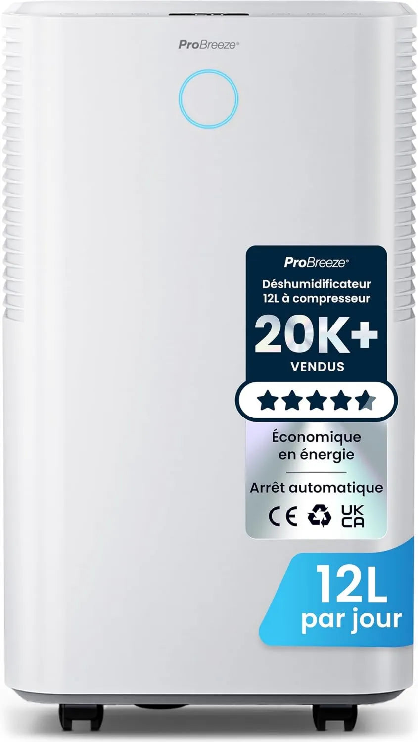 Pro Breeze Desumidificador, 12 L, temporizador, modo Noite e Temporizador 24 horas, dia com sensor de humidade automático, secagem de linho, drenagem contínua