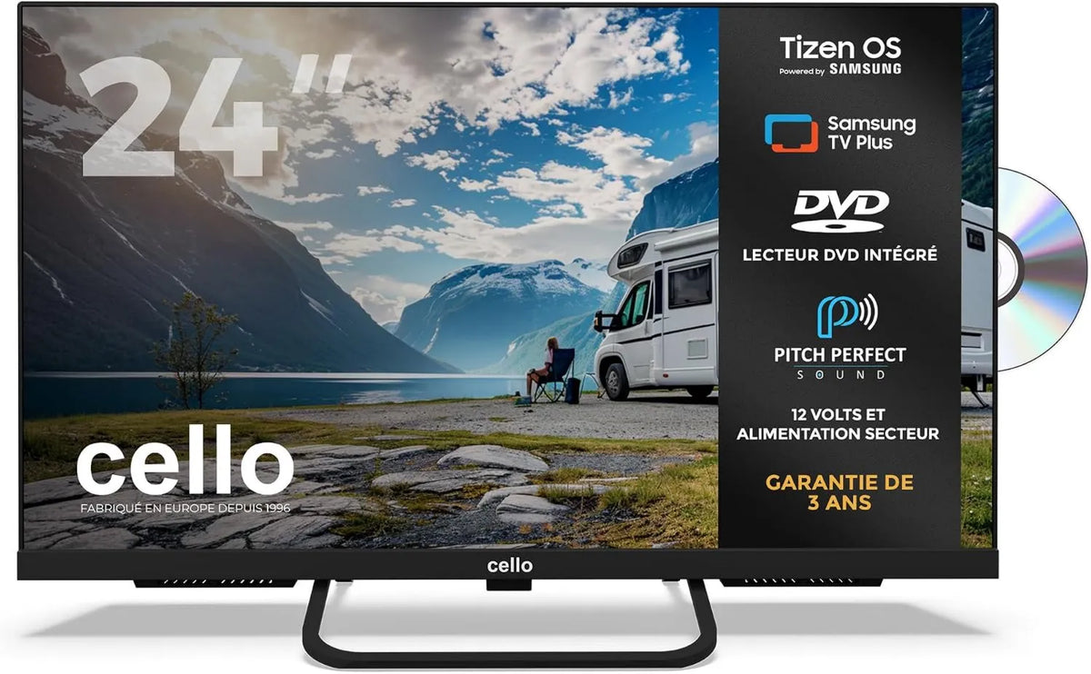 Cello Samsung CTRAV-24TZF V, 230 Smart TV, 24 polegadas, 12 V, TV, Tizen OS, sintonizador triplo DVB-T2, S2, Bluetooth, camping, CTRAV-24TZF Smart TV 24