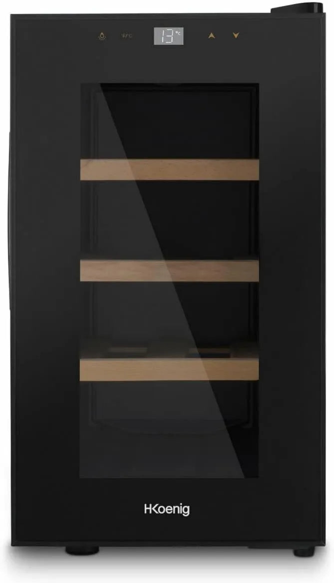 H.Koenig adega elétrica AGE8, 23 L, 8 garrafas, 11 a 18 °C, profissional, silencioso, aço inoxidável, preto, silencioso, 3 prateleiras, Refrigerante