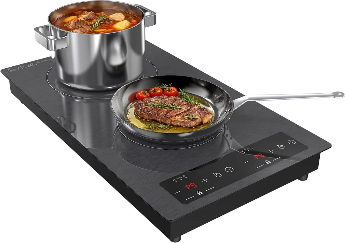 GTKZW Placa de indução, 51cm, 2 lareiras, 3000W, mesa de cozinha de indução, travamento, recesso, temporizador, de pé livre, sucata com segurança