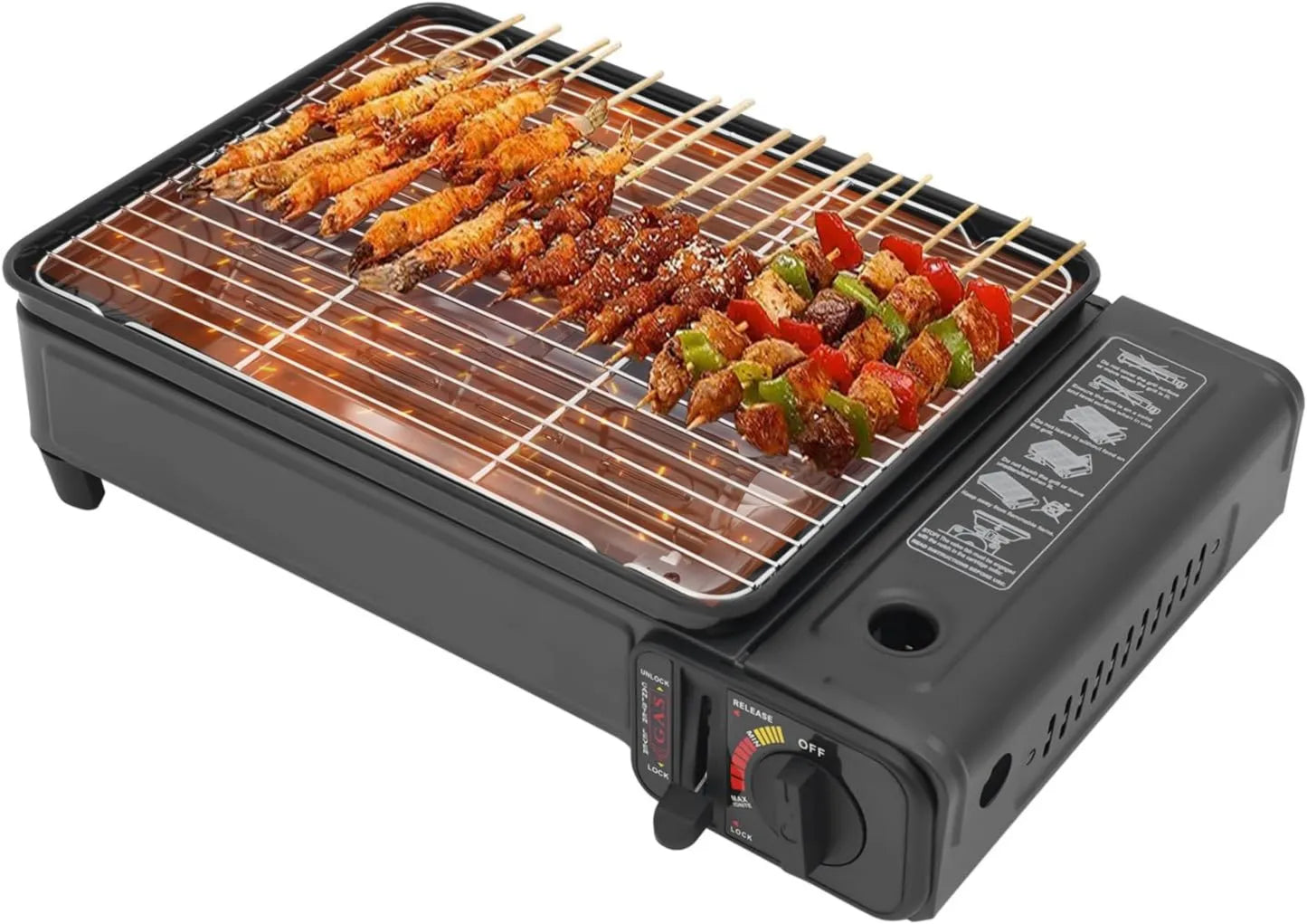 SuhoFutus Produto 2 kW com butano, GPL, Churrasco portátil de gás 2, ignição piezoelétrica, proteção contra sobrepressão, 2 placas quentes e bandeja