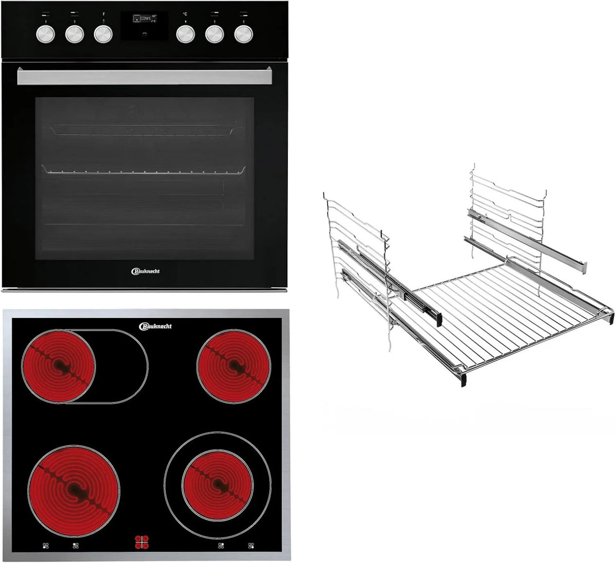 Bauknecht Placa de vidro cerâmico, 60 cm, 65 L, recessos, preto, Heko 566 Pyro Preto, estrutura de aço plano, sistema de limpeza de pirólise, fogão com