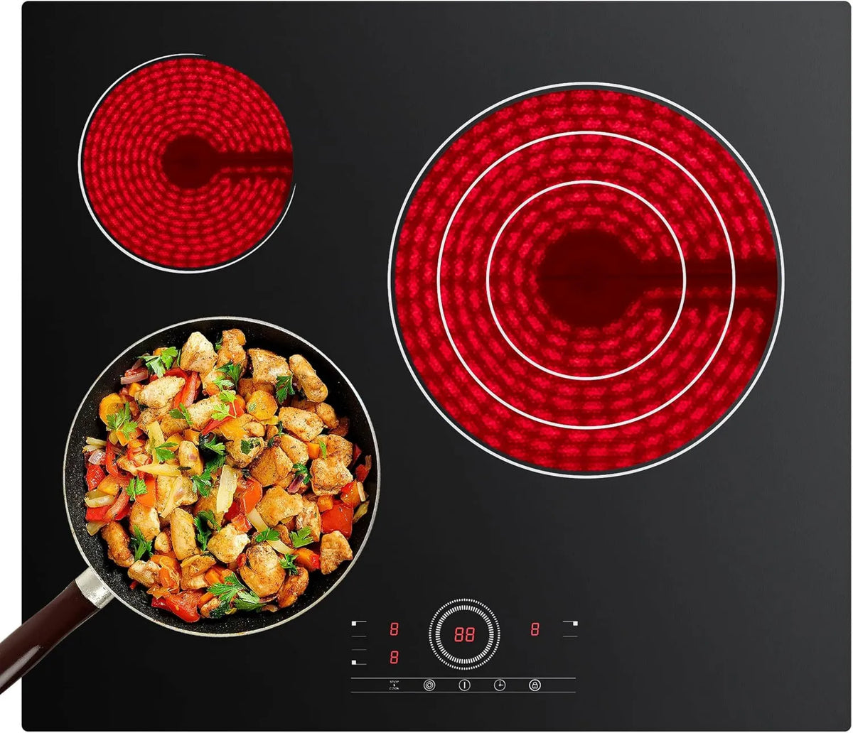 CDV Placa de vidro cerâmico, 59 cm, 3 lareiras, 5700 W, recesso, toque, temporizador, 9 Níveis, Para todos os tipos de Casseroles