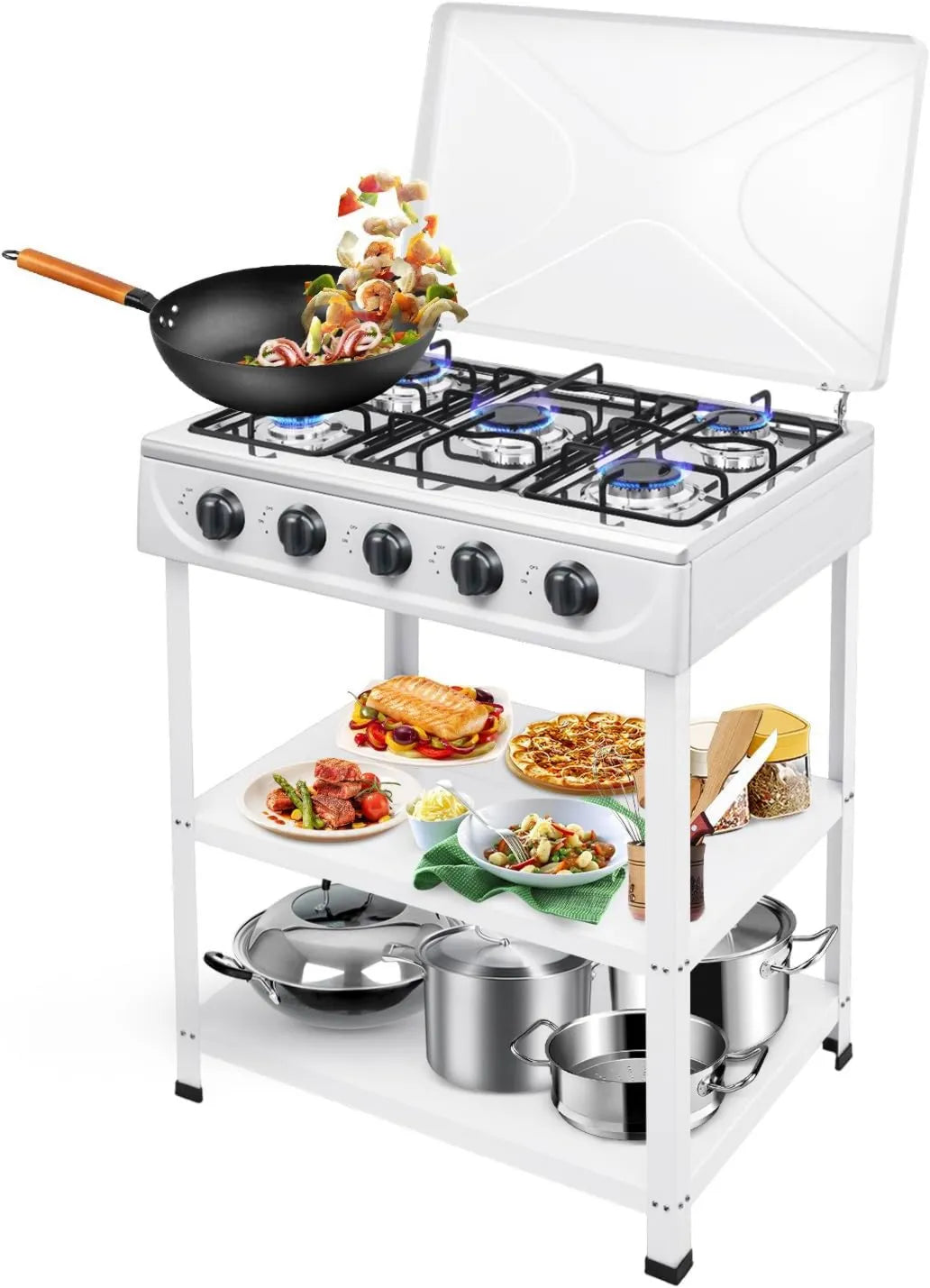 yikmid Cozinha com forno, portátil, exterior, auto-suficiente, grelha, camping, branco, cinco grelhadores