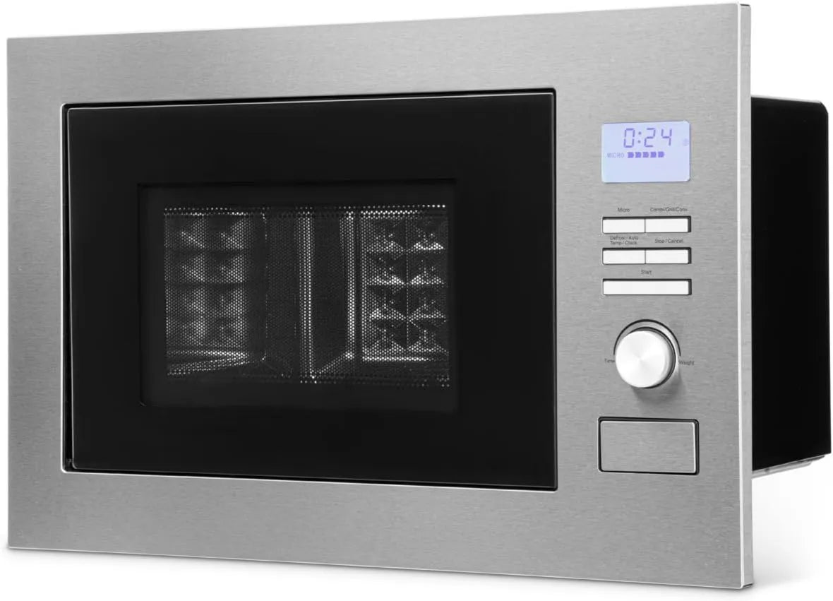 Bomann micro-ondas, 25 L, 8 programas, encastrado, timer, grelha, ecrã LCD, aço inoxidável, microondas, prata, mesa giratória