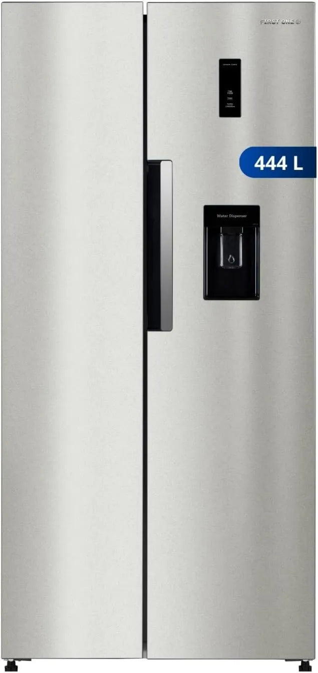 First One FSBS444Ix, 444L, aço inoxidável, cor inoxidável, 276L + 168L, primeiro um lado de frigorífico por lado 444L FSBS444Ix, dispensador de água