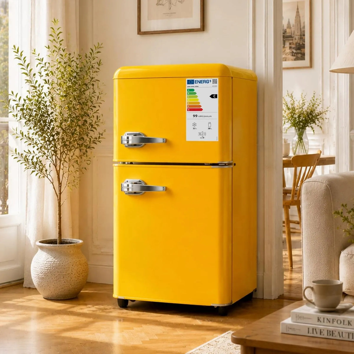 ZHOMGG Congelador, 60 L, 41×45×89 cm, 0 a 10 °C, 45 dB, decoração da sala de estar, silencioso, -18°C congelador, LED, 7 níveis 0-10°C, Amarelo, prateleiras reguláveis