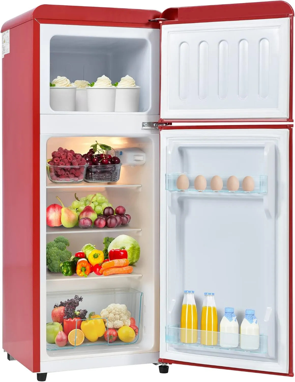 Congelador, 92 L, vermelho, -27°C ~13°C, 181 kWh, Ano Vermelho, 28 litros de volume congelante, Merax Vintage Frigorífico de porta dupla com