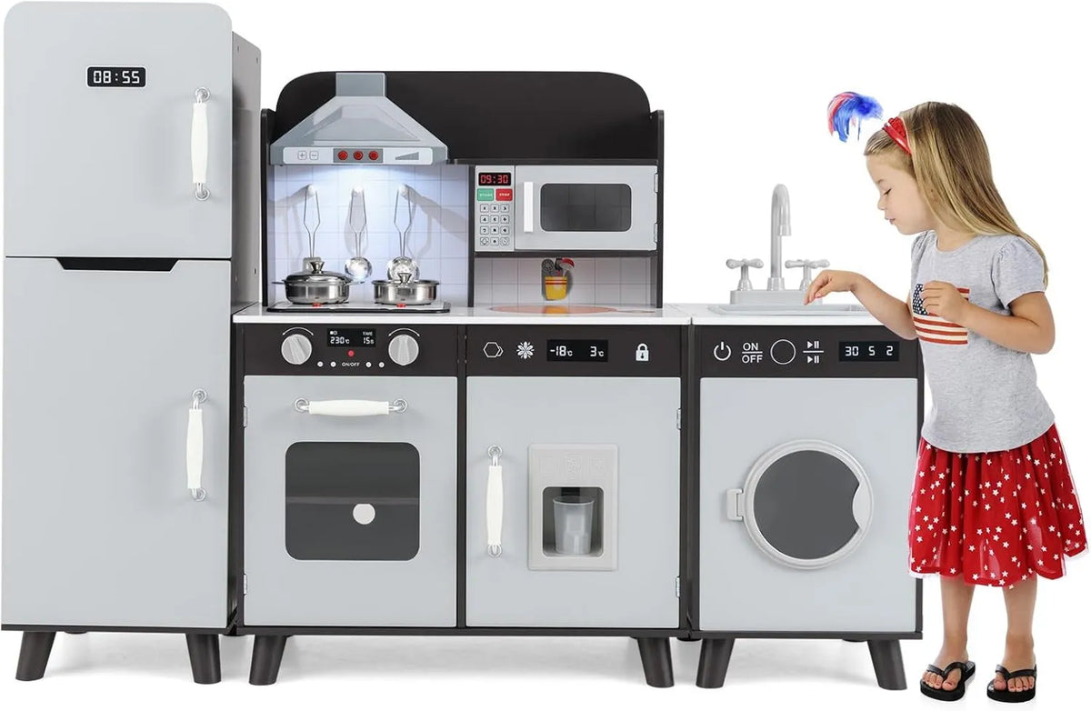 Máquina de lavar roupa, Kitchen Set para meninos meninas de 3 anos +, COSTWAY 3 em 1 criança cozinha com máquina de refrigeração e lavagem, micro-máquinas e máquina