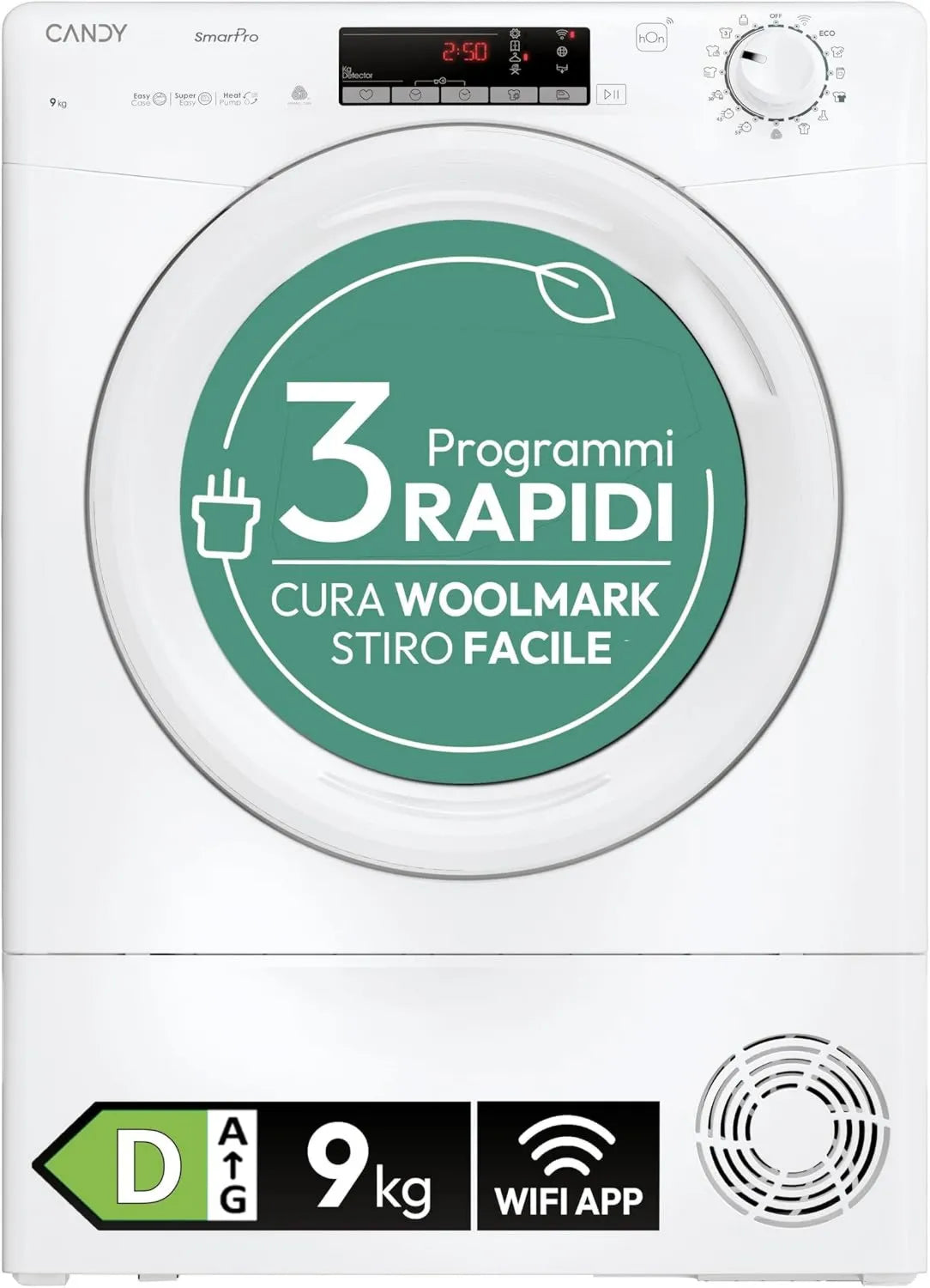 Secador EH9N2TE-S, 9 kg, 64 dB, toque, Wi-Fi, partida atrasada 24 horas, 14 ciclos, 3 secagem rápida, CANDY Smart Pro CRO EH9N2TE-S Seco
