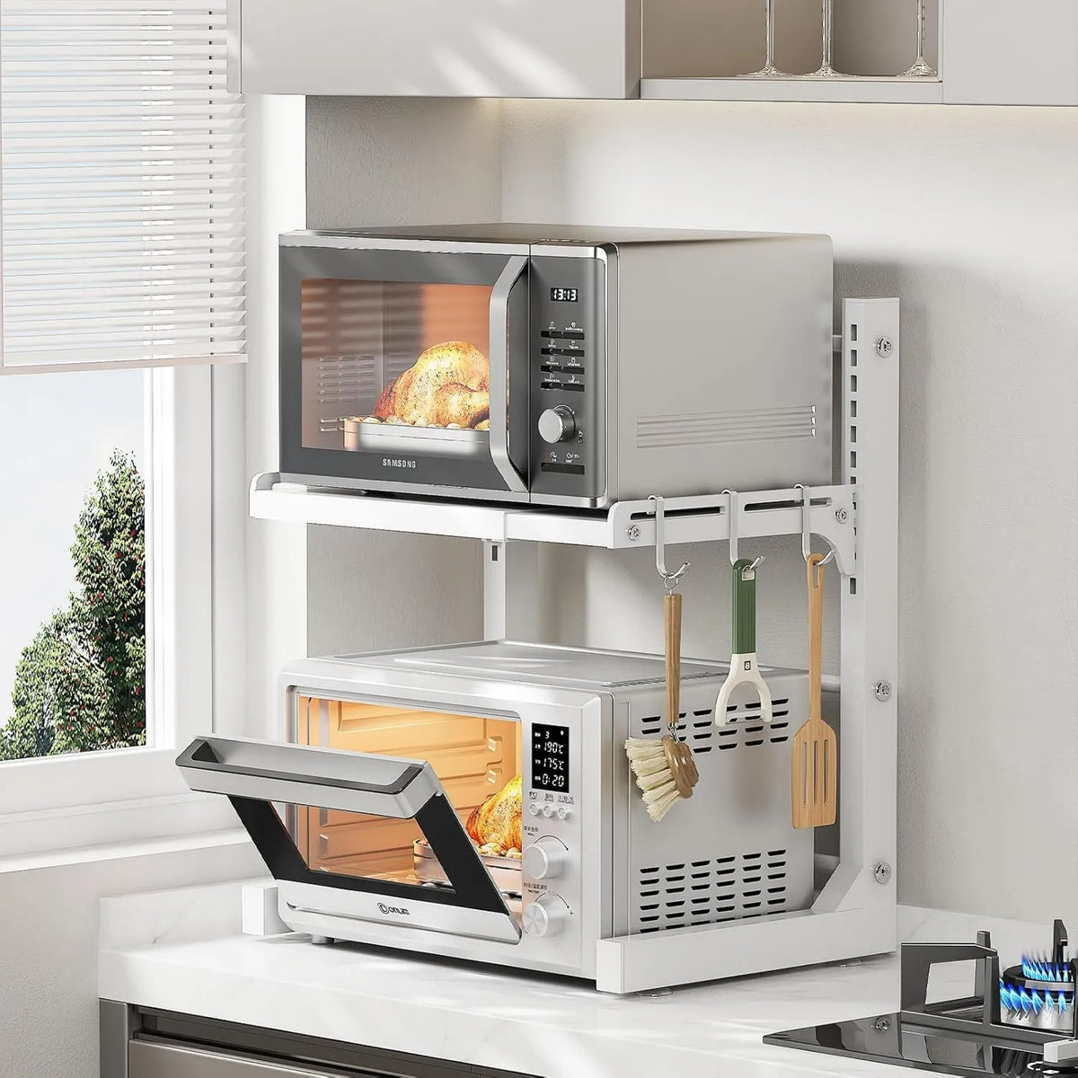 Microondas, laje IPS, Altura de aço carbono extensível e ajustável com 3 ganchos de clipe, ABCOOL prateleira retrátil ajustável para