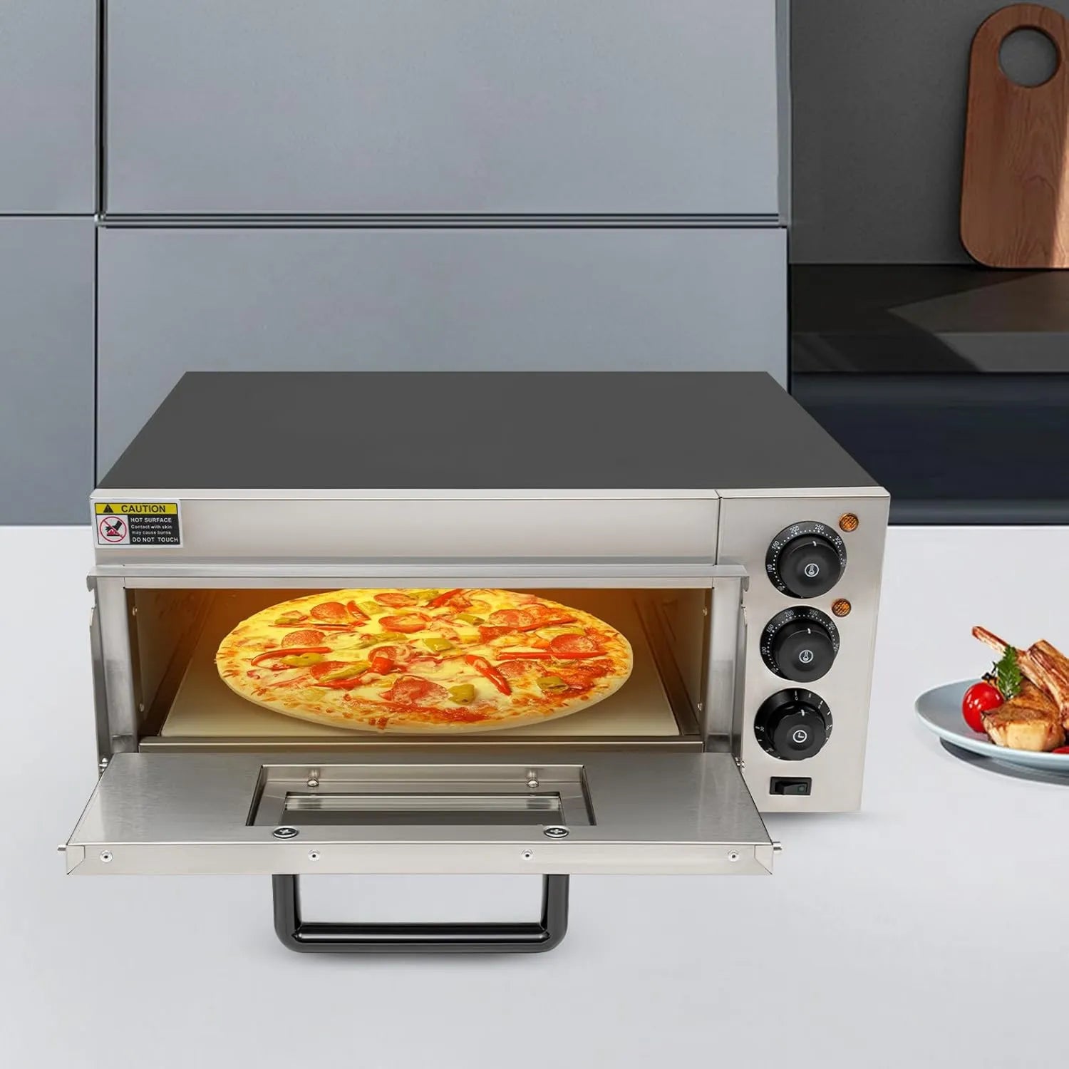 OMGGYER Forno de pizza elétrica, temporizador, pastelaria, profissional, aço inoxidável, temporizador até 30 min, temperatura até 350 °C, para tortas