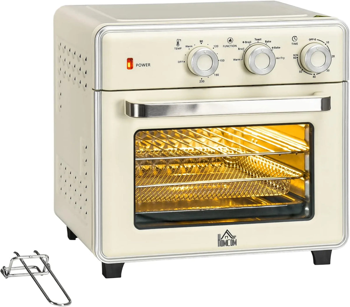 HOMCOM Forno elétrico, 20 L, 1400 W, 90 a 230 °C, temporizador, grelha, compacto, branco, 5 modos, secador de ar de metal, cesta de fritura