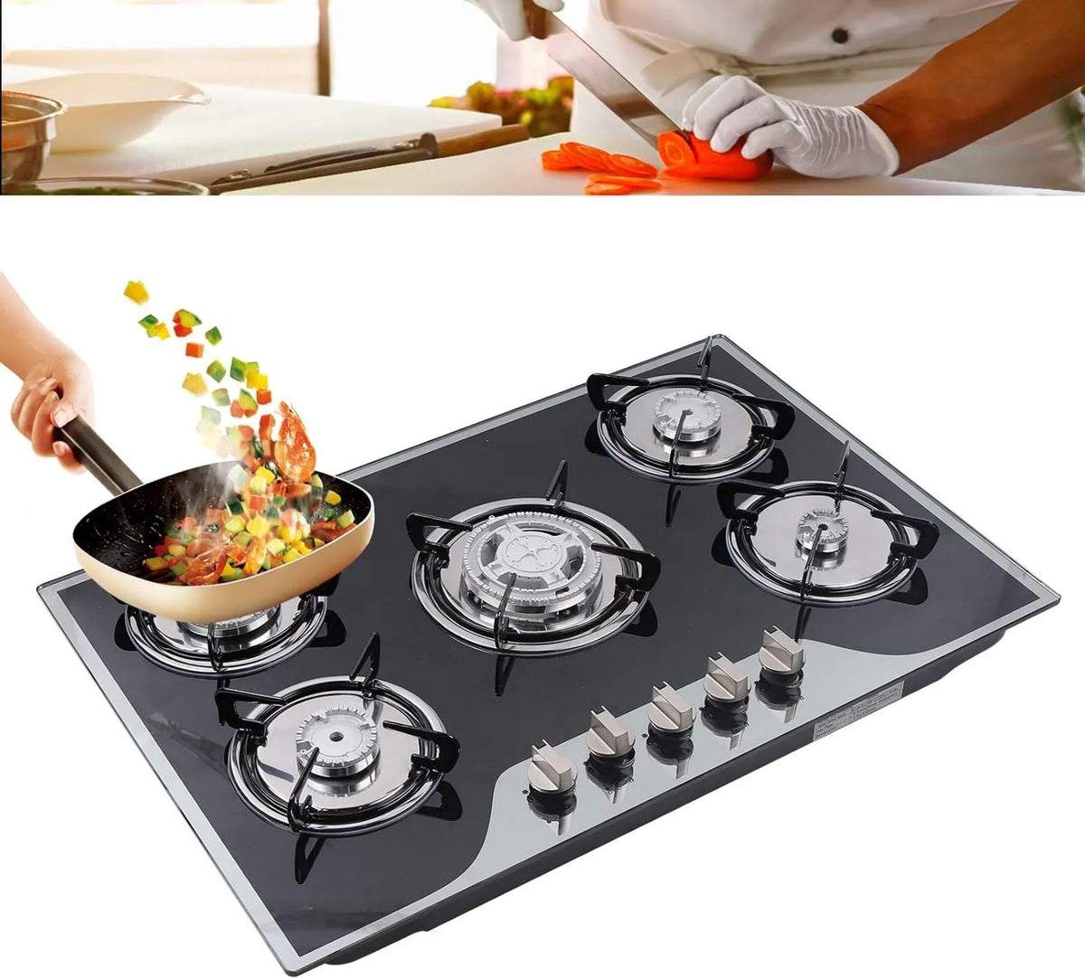 Esyogen Cozinha com forno, 5 lareiras, placa de gás de GPL/GN, placa de gás com 8 mm de vidro temperado e moldura de esmalte
