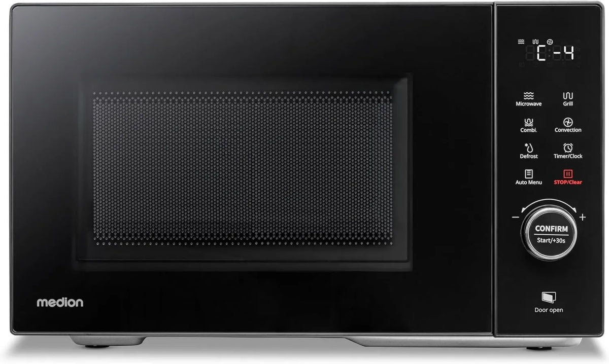 MEDION Microondas, 23 L, 11 programas, grelha, descongelamento, aço inoxidável, 1680 watts função de ar quente, 900 watts, 23 litros, 5 níveis de potência