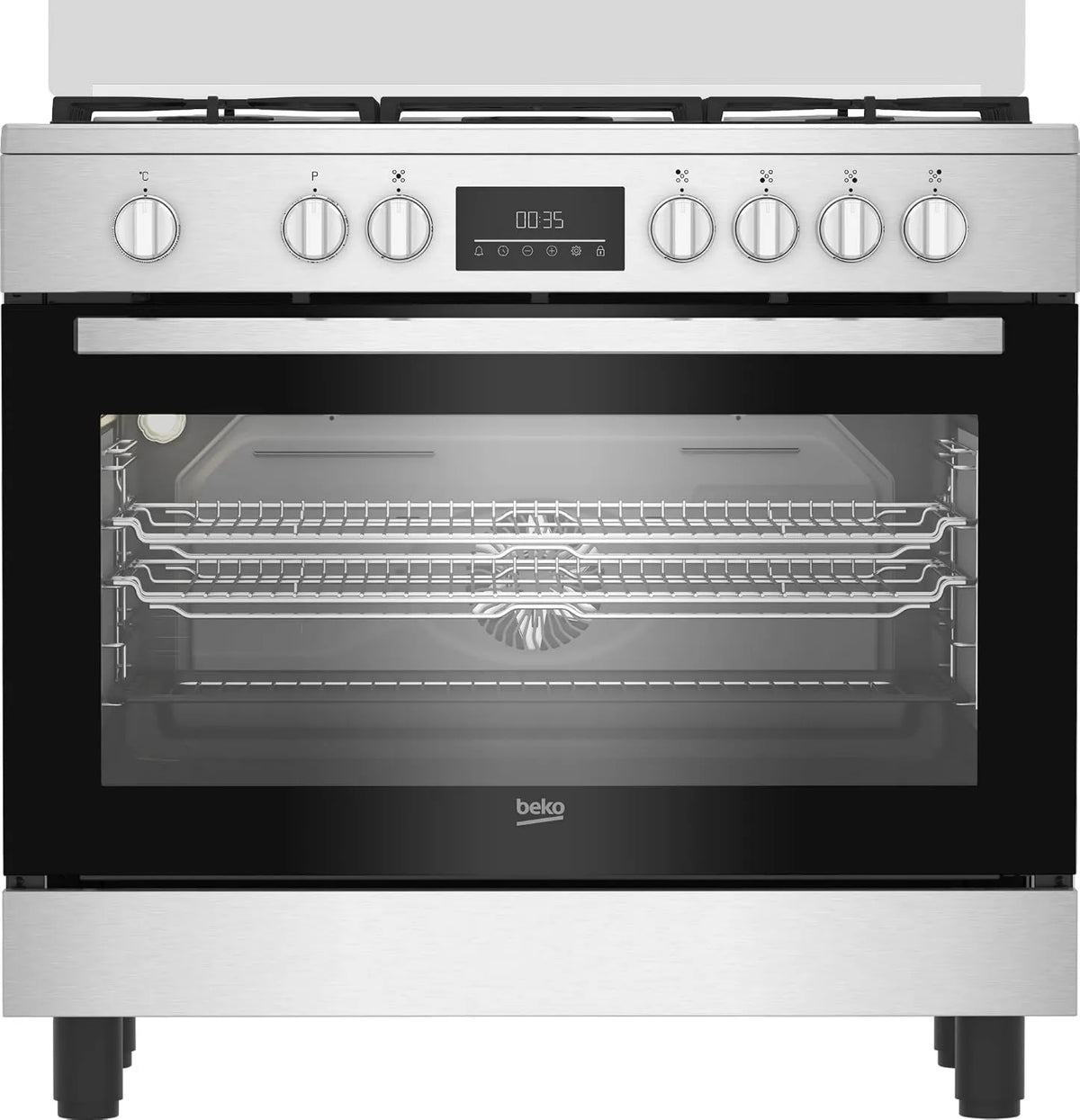 Beko BGM11226Ex Fogão com forno, 90 x 60 cm, 111 L, 5 lareiras, classe energética A, toque, grelha, ferro fundido, aço inoxidável, preto, aço inoxidável, controlo