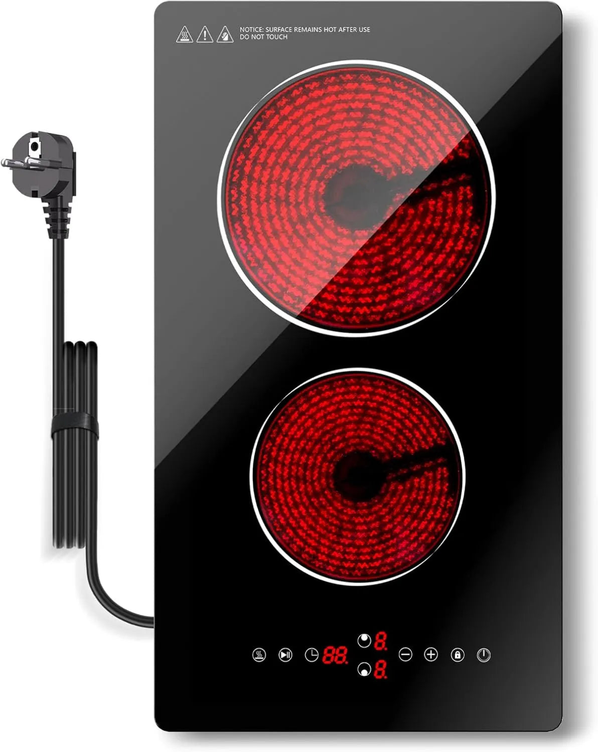 Placa de vidro cerâmico, 2 lareiras, 3000 W, toque, travamento, placa vitrocerâmica 2 Lâmpadas Táteis deslizando 3000W Segurança infantil Nardea