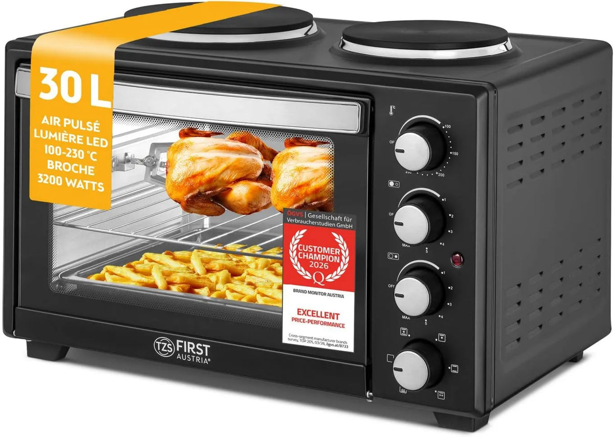 Forno elétrico de pizza, 30 L, 3200 W, TZS First Austria, TZS First Austria - Mini-Quatro com placas de aquecimento 30L 3200 W - Forno de pizza até