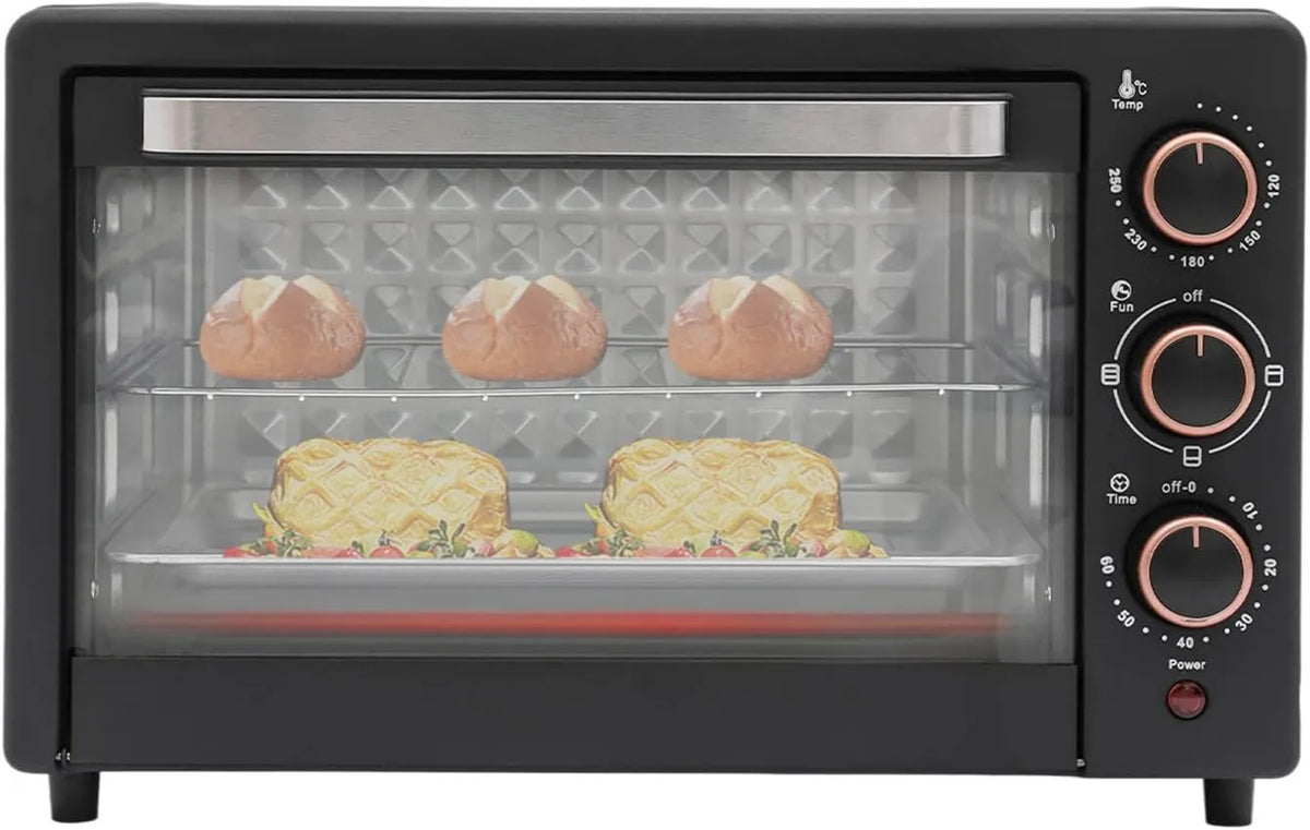 FENGLY Forno de pizza elétrica, 22 L, 1000 W, 120 a 250 °C, Mini, grelha, compacto, 2 zonas de temperatura, 4 tubos de aquecimento
