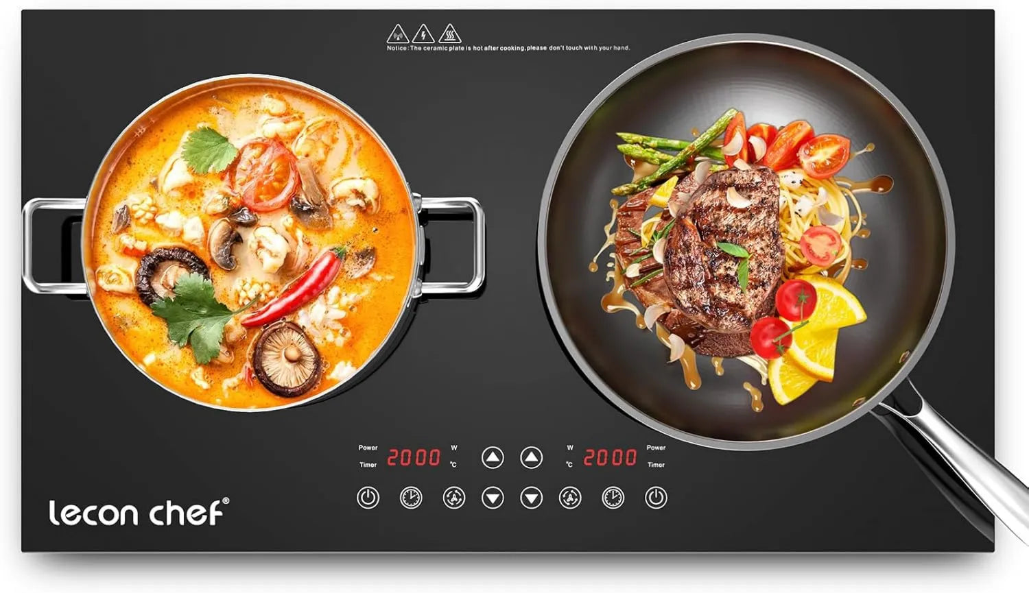 lecon chef Placa de indução, 2 lareiras, 2000 W, mesa de indução de cozinha, toque, temporizador, instalação gratuita, 2 zonas de temperatura, controlo independente