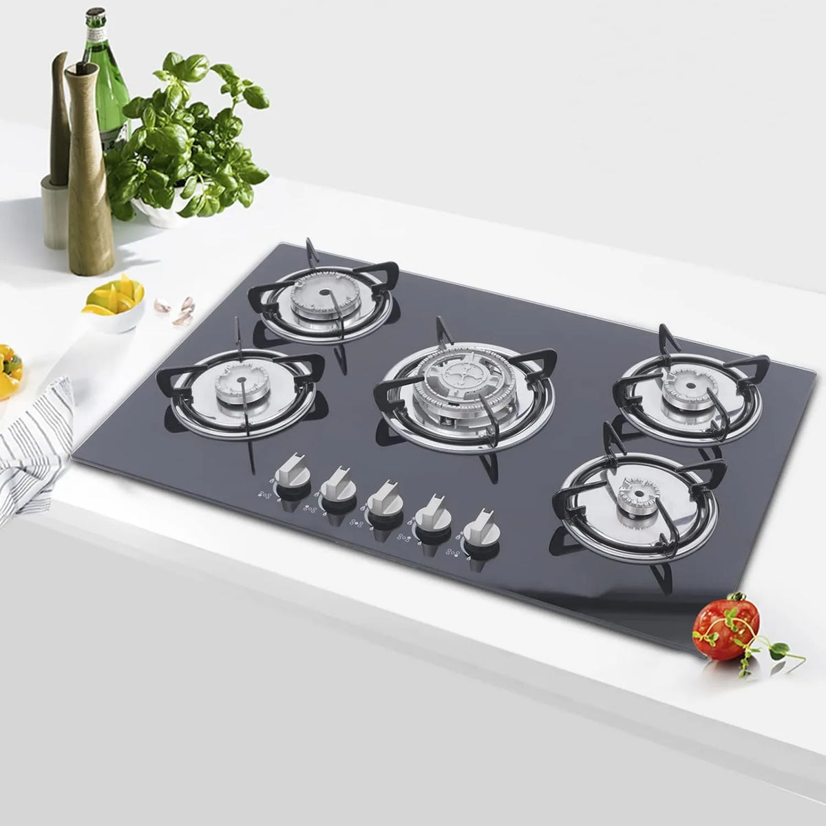 BuRuiYoten Cozinhador com forno, recrescível, grelha, ferro fundido, fogão a gás Built-in 5 Chamas para gás natural e fogão de gás Propane Placa de cozinha