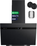 Soonye exaustor, 60cm, 380m3/h, classe energética A, capa de cozinha, inclinação, evacuação e reciclagem, instalação de parede, toque, preto