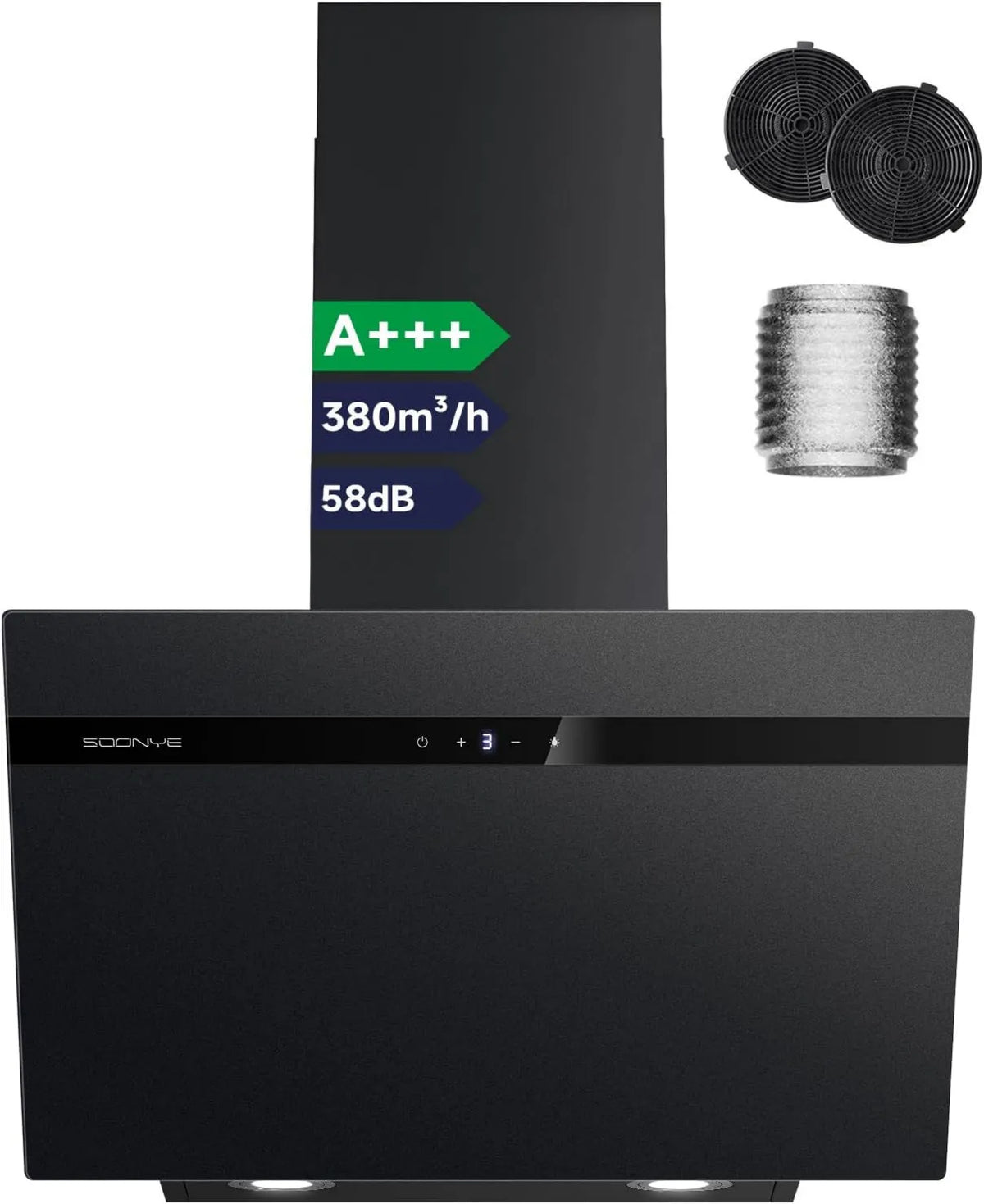 Soonye exaustor, 60cm, 380m3/h, classe energética A, capa de cozinha, inclinação, evacuação e reciclagem, instalação de parede, toque, preto
