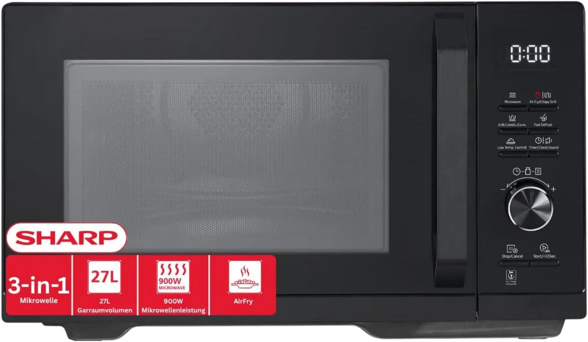 Sharp RCA271TB Microondas, 27 L, 900/1000, 2100 W, grelha, descongelamento, microondas, 28 degelo automático, ar quente e função AirFry