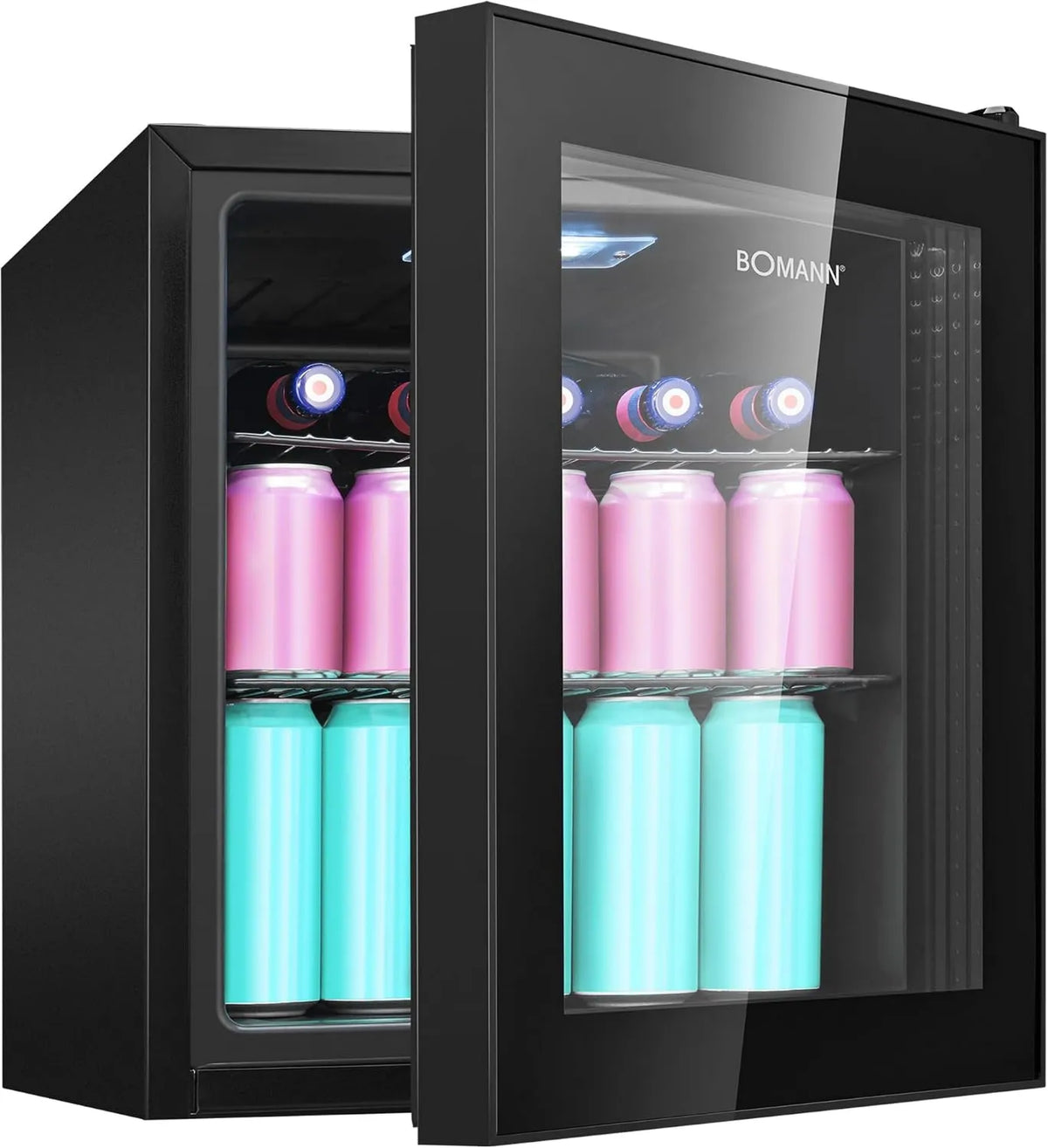 Bomann Frigorífico, 46 L, iluminação LED, preto, 2 prateleiras de cabo, controlo +3 a +18 °C, porta de vidro duplo, pés ajustáveis
