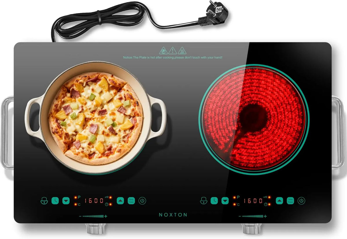 NOxTON Placa de indução, 30 CM, 2 lareiras, 3200 W, mesa de cozinha de indução, travamento, recesso, temporizador, verde, 3200W, controlos rotativos