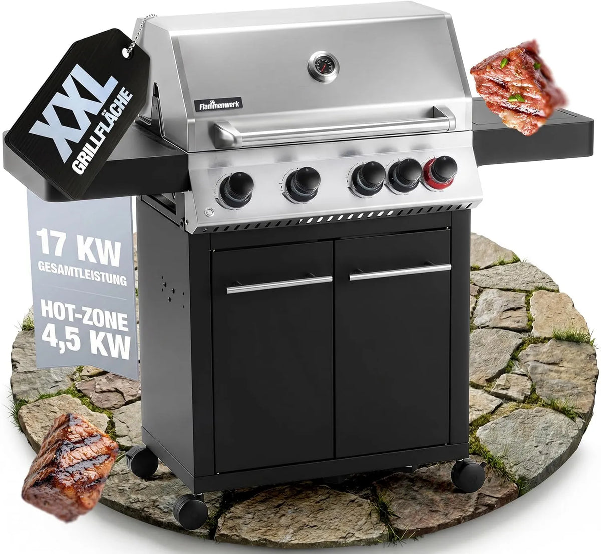 Flammenwerk Placa de cozinha, iluminação LED, profissional, aço inoxidável, potência total de 17 kW