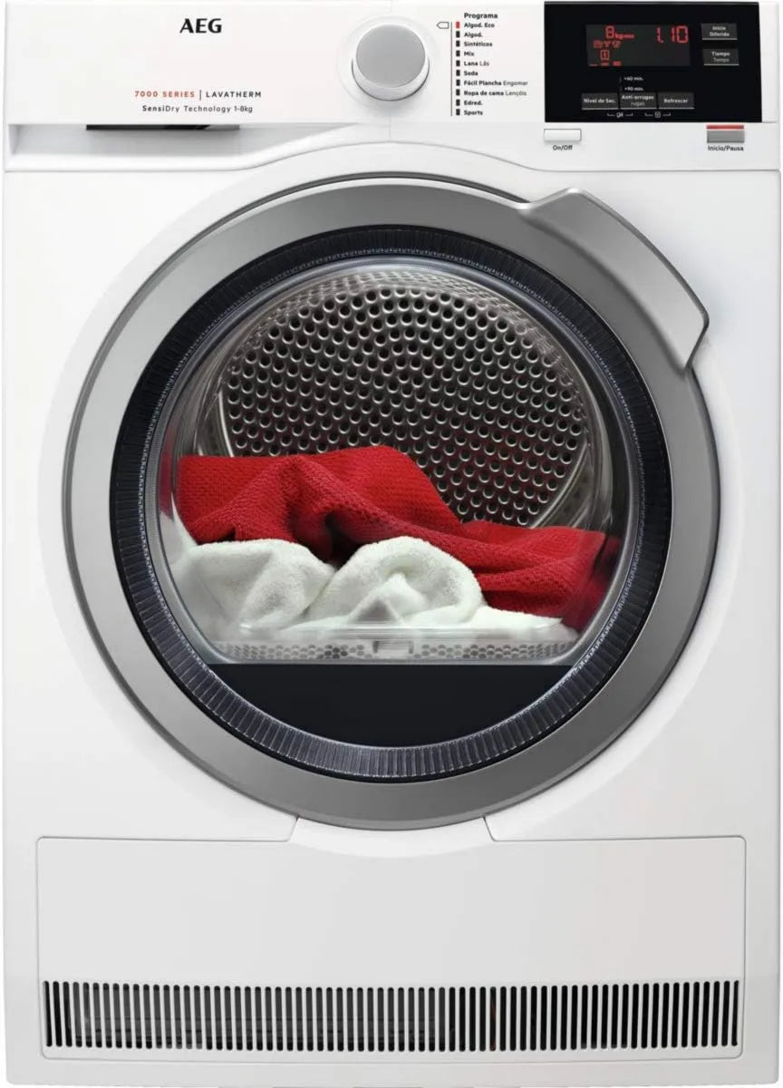 AEG T7DEG844 Secador, 8 kg, ecrã LCD, branco, painel de controlo LCD, série 7000, 8 ciclos de secagem, porta prata xL, motor inversor