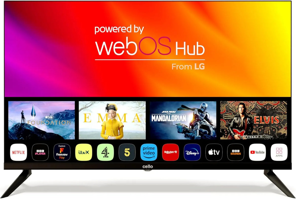 Cello Apple Smart TV, 32 polegadas, TV, webOS, HDMI, USB, sem moldura, Bluetooth, LG WebOS, RF e USB, portas HDMI, Netflix encastrado, Vídeo Prime