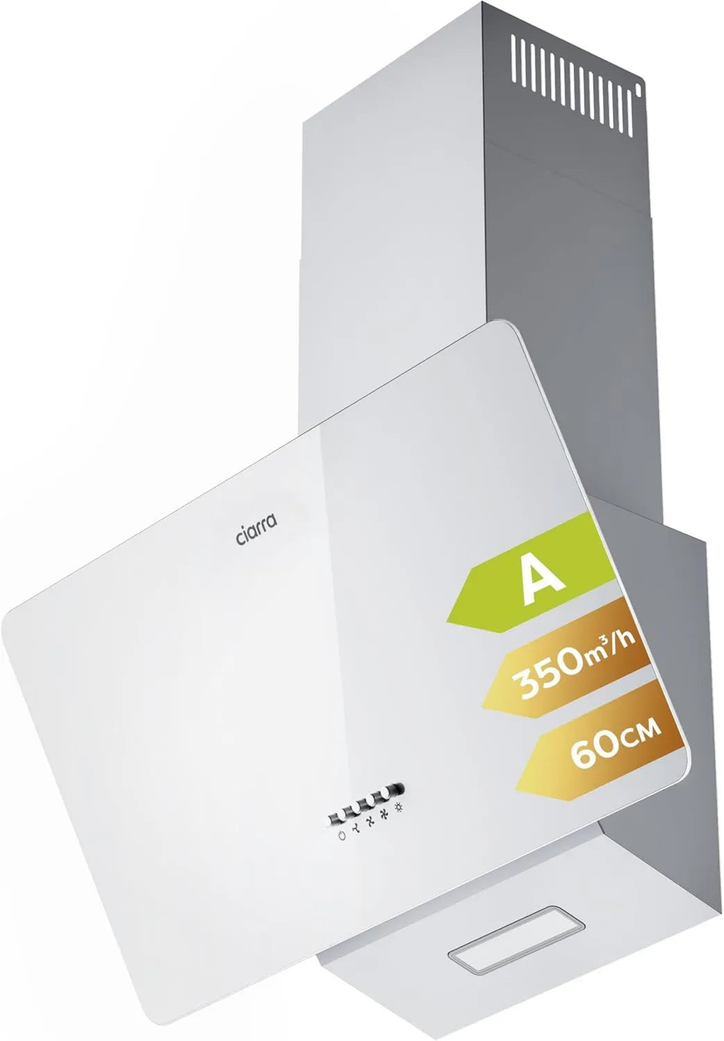 CIARRA CIRRA CAW6750 exaustor, 60 cm, 350 m3/h, 62 dB, classe energética A, capa de cozinha, inclinação, evacuação e reciclagem, iluminação LED