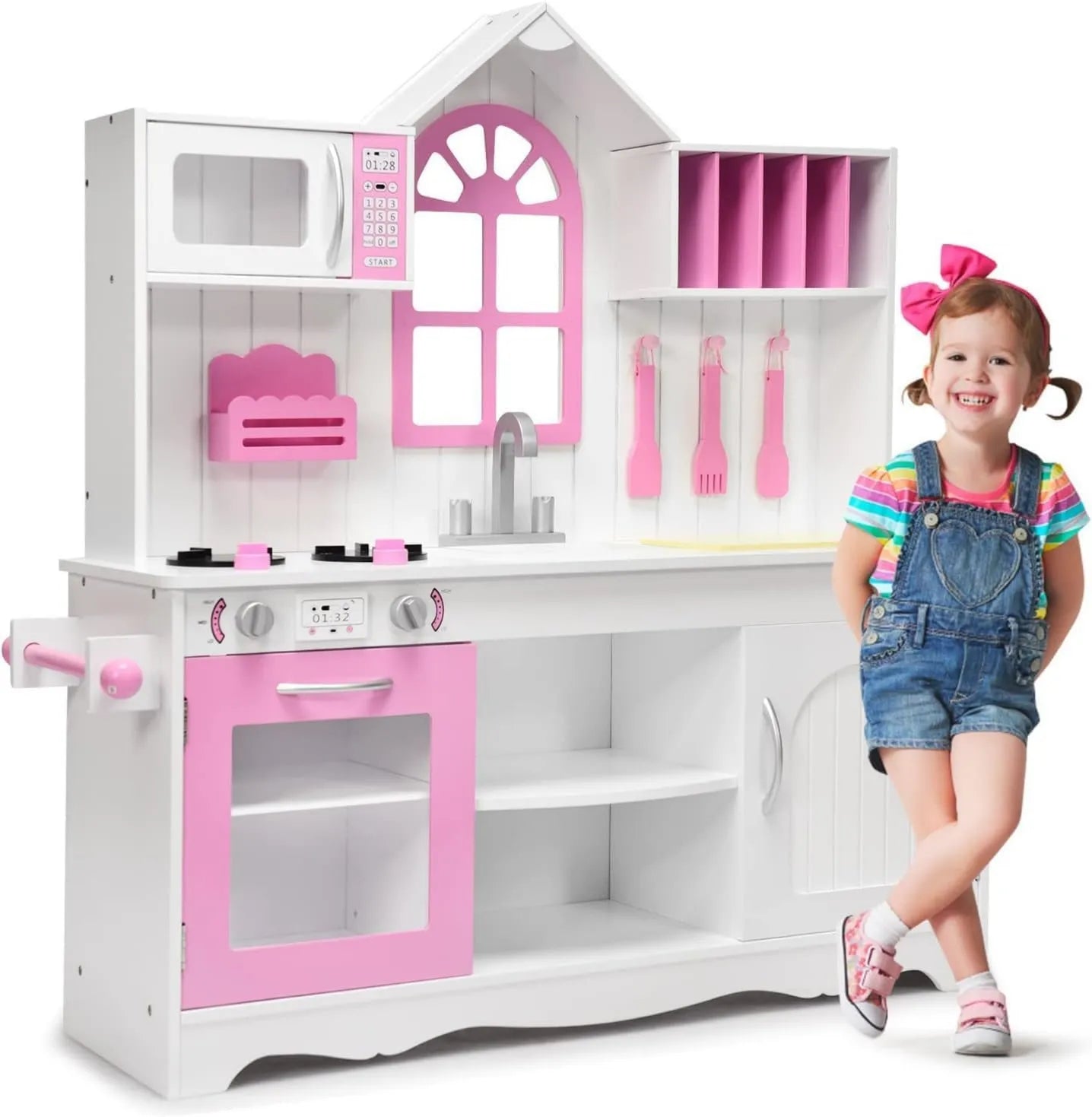 Microondas, 106, 5x32x109CM, branco, GOPLUS criança de cozinha de madeira, presente para 3+ anos, Brinquedos de cozinha com forno, Kitchen Game Set com