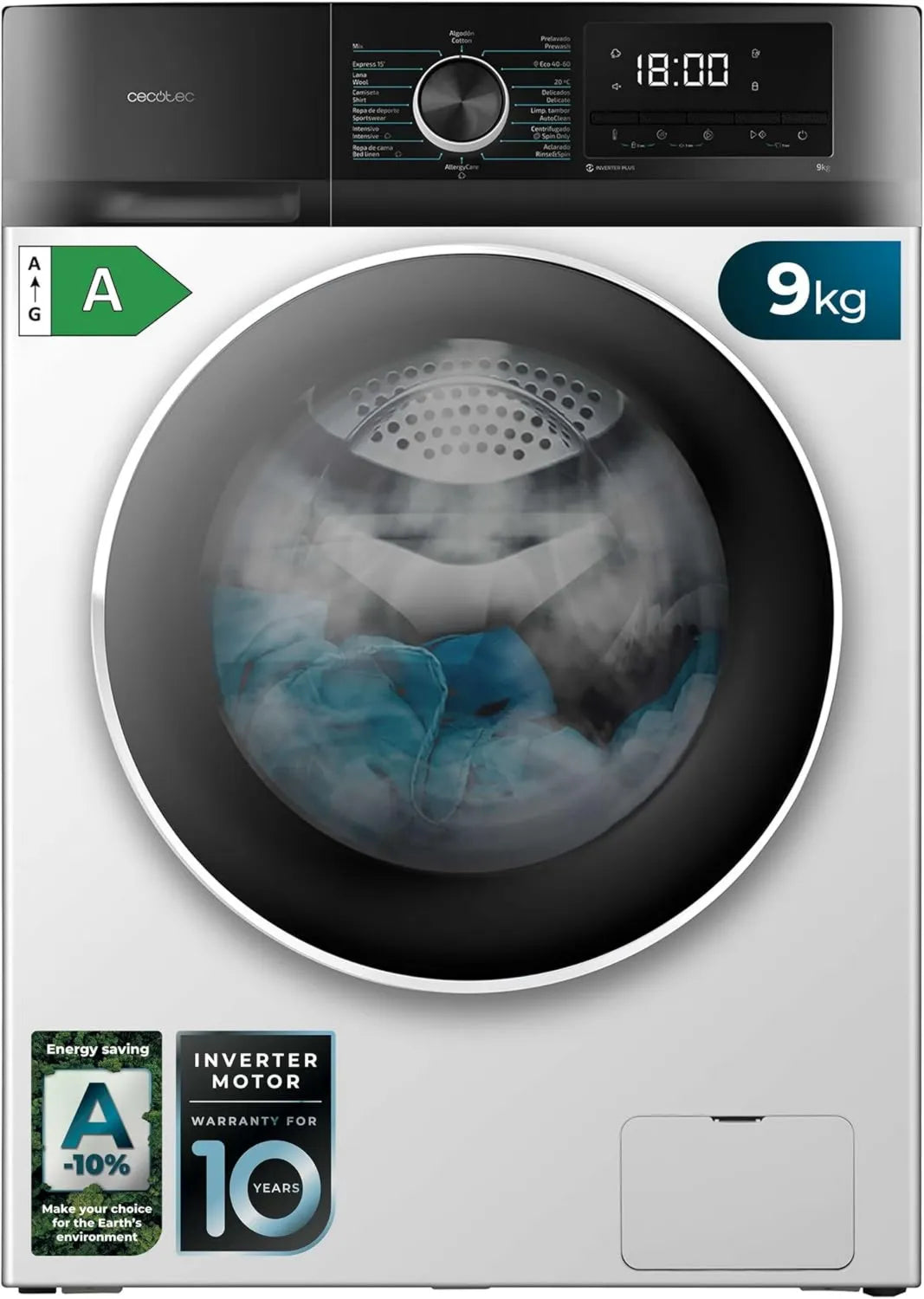 Cecotec Bolero DressCode 7150 Máquina de lavar roupa, 12 programas, 7 kg, classe energética A, travamento, inversor, vapor Max, 1400 tr, min, Drum Clean