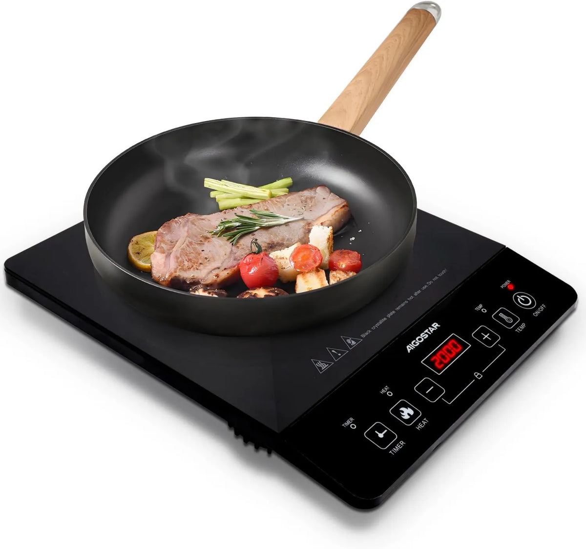 Placa de indução, 2000 W, mesa de indução de cozinha, Aigostar, portátil, 2 zonas de temperatura, preto, 10 níveis de potência e